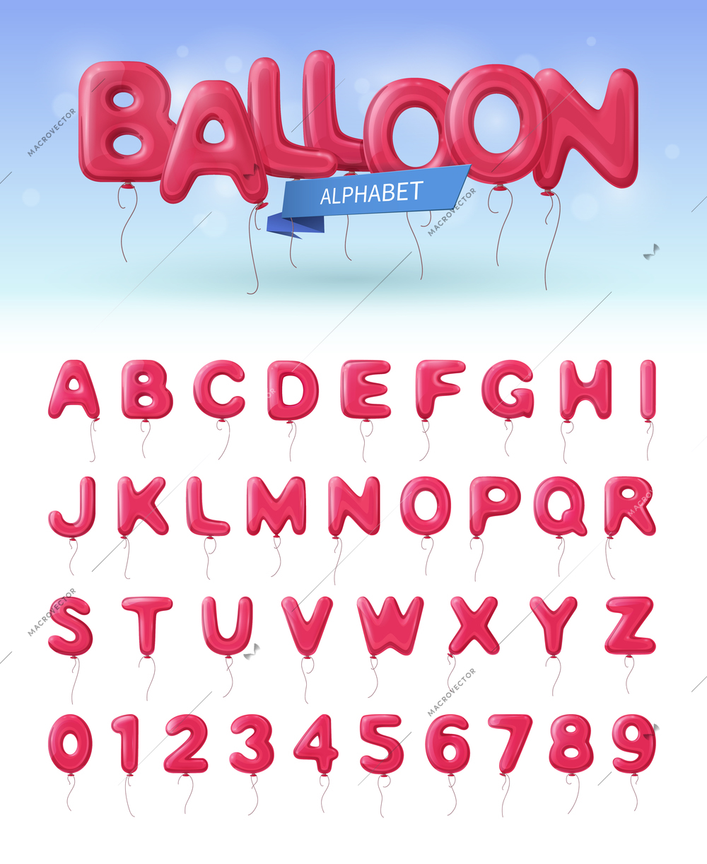 Colored and isolated balloon alphabet realistic icon set with pink abc and numbers ballons vector illustration