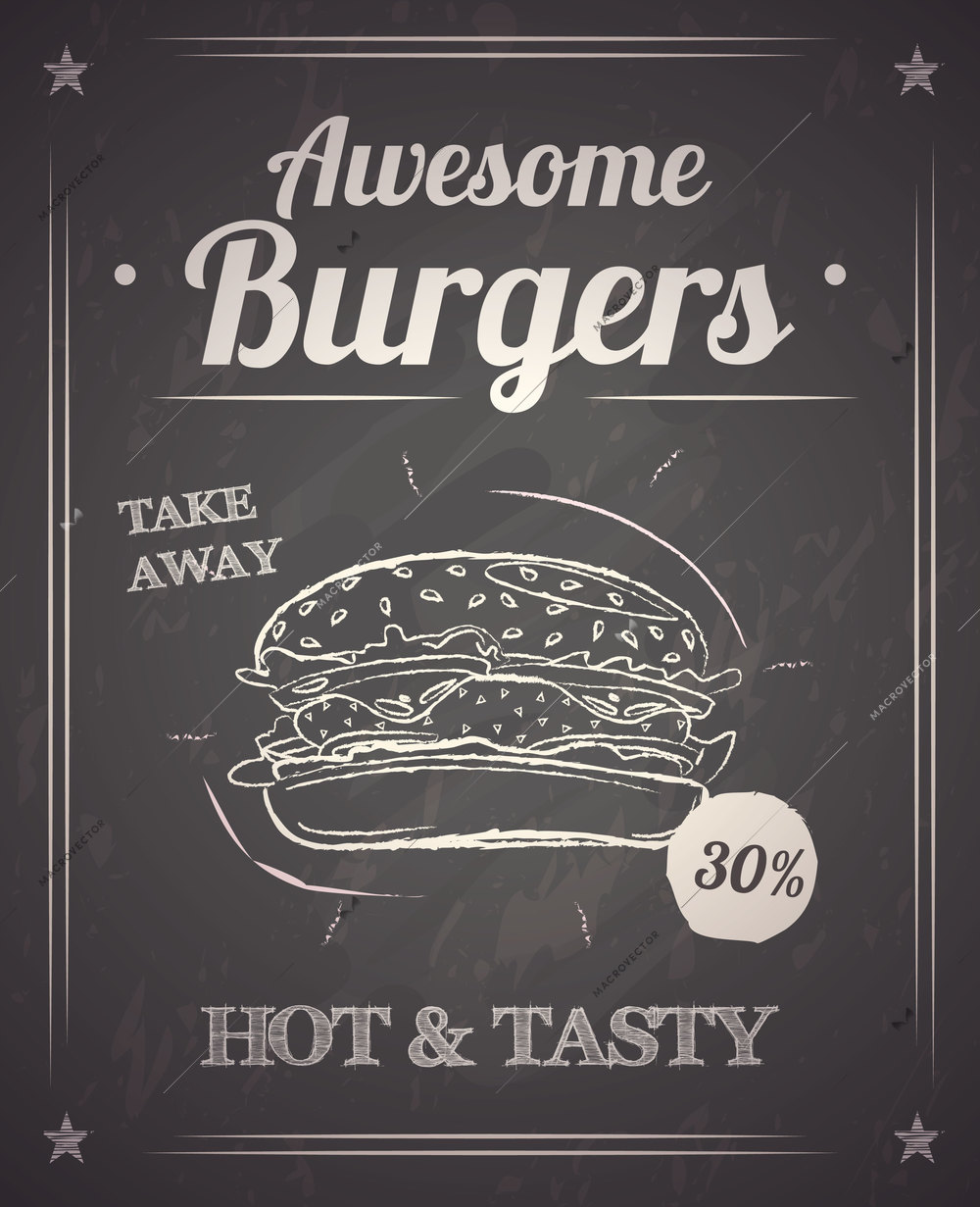 Hot and tasty burger in rays with discount monochrome hand drawn poster on black chalkboard vector illustration