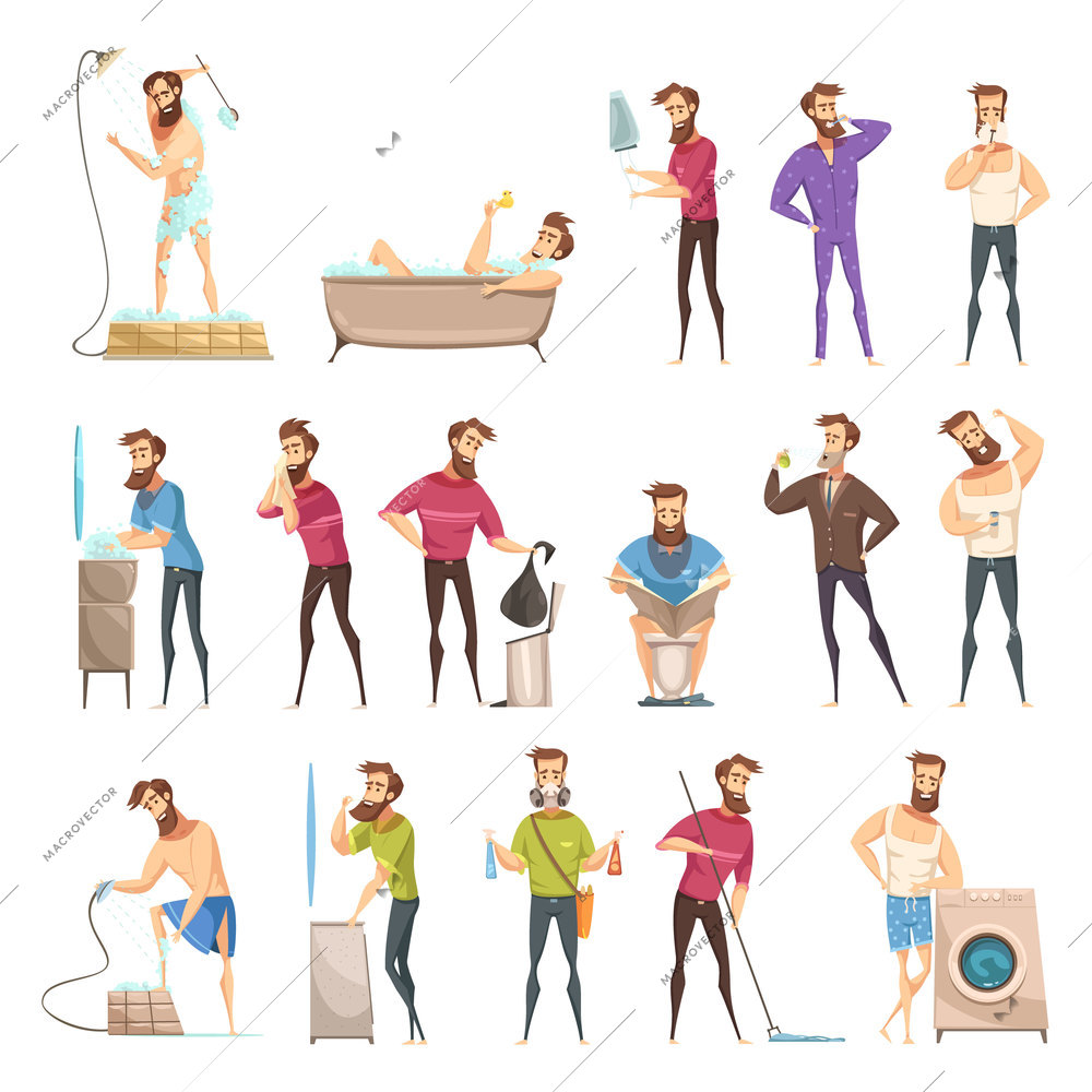 Male hygiene set in cartoon retro style with bearded person in various cleaning activities isolated vector illustration