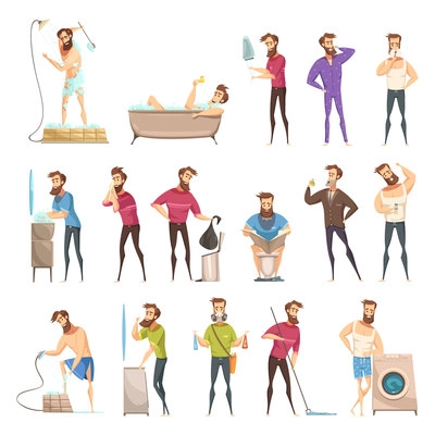 Male hygiene set in cartoon retro style with bearded person in various cleaning activities isolated vector illustration