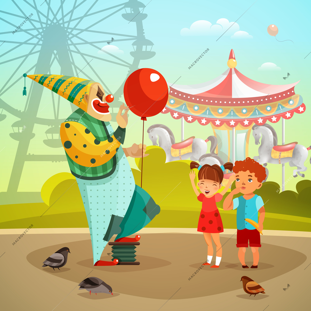 Traveling circus on amusement park fairground with clown with red balloon performing for kids retro vector illustration