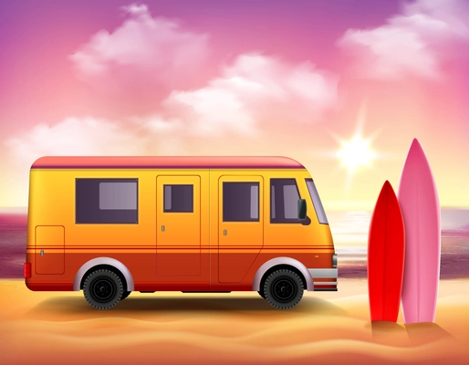 Retro style 3D realistic surfing van with pink red surfboards on fantastic colored sunset background vector illustration