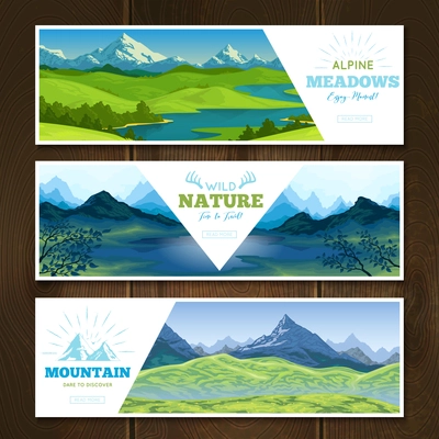 Set of horizontal nature landscape banners with mountain scenery decorative title text and read more button vector illustration