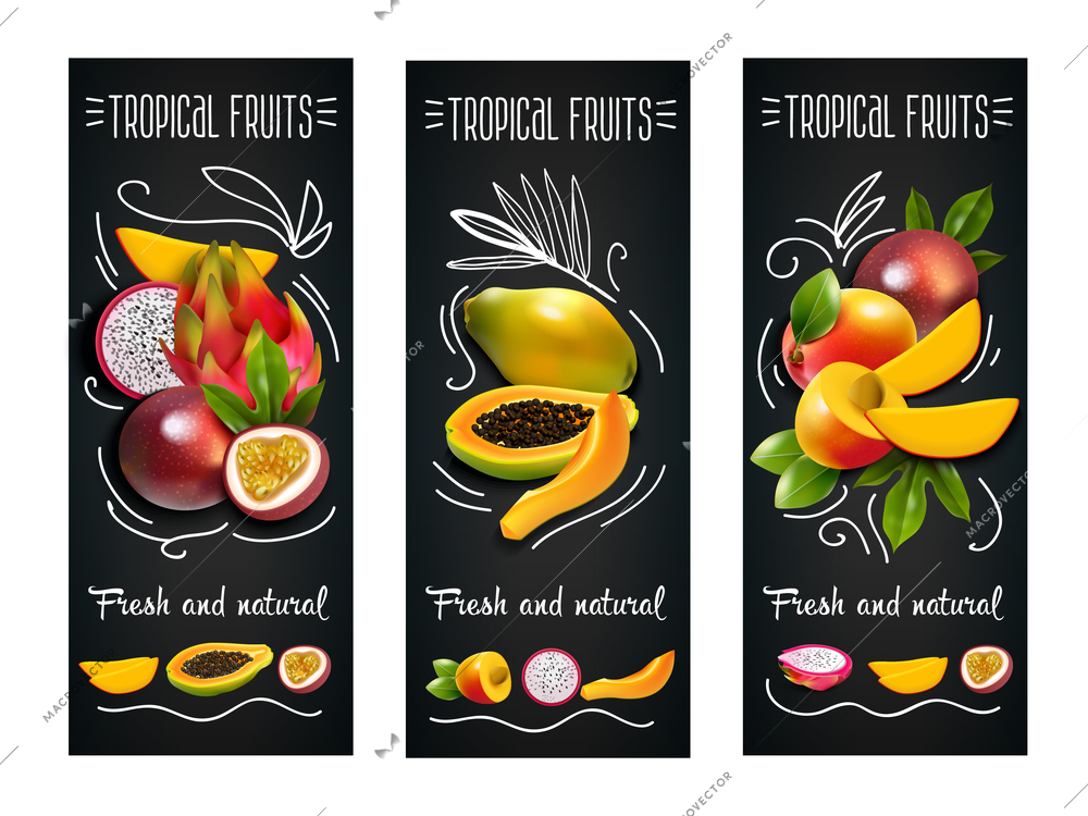 Three vertical tropical fruits chalkboard label set with fresh and natural descriptions vector illustration