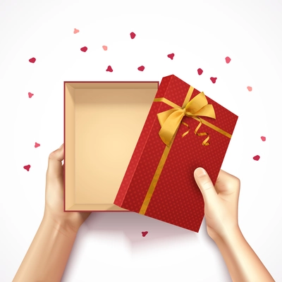 Hands holding gift box top view realistic 3D background with red rectangular box golden bow and confetti vector illustration