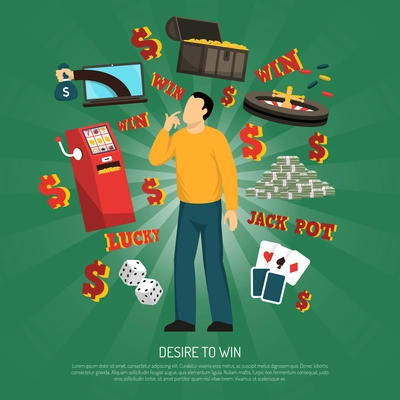 Desire to win concept with gambling and casino symbols flat vector illustration