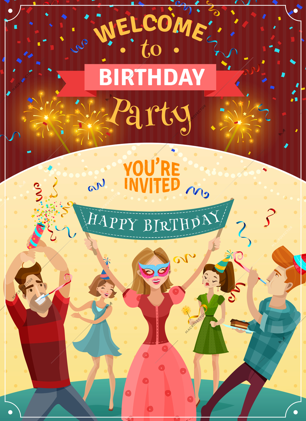 Birthday party announcement invitation card or poster  with sparklers bowers and joyful young people celebrating vector illustration