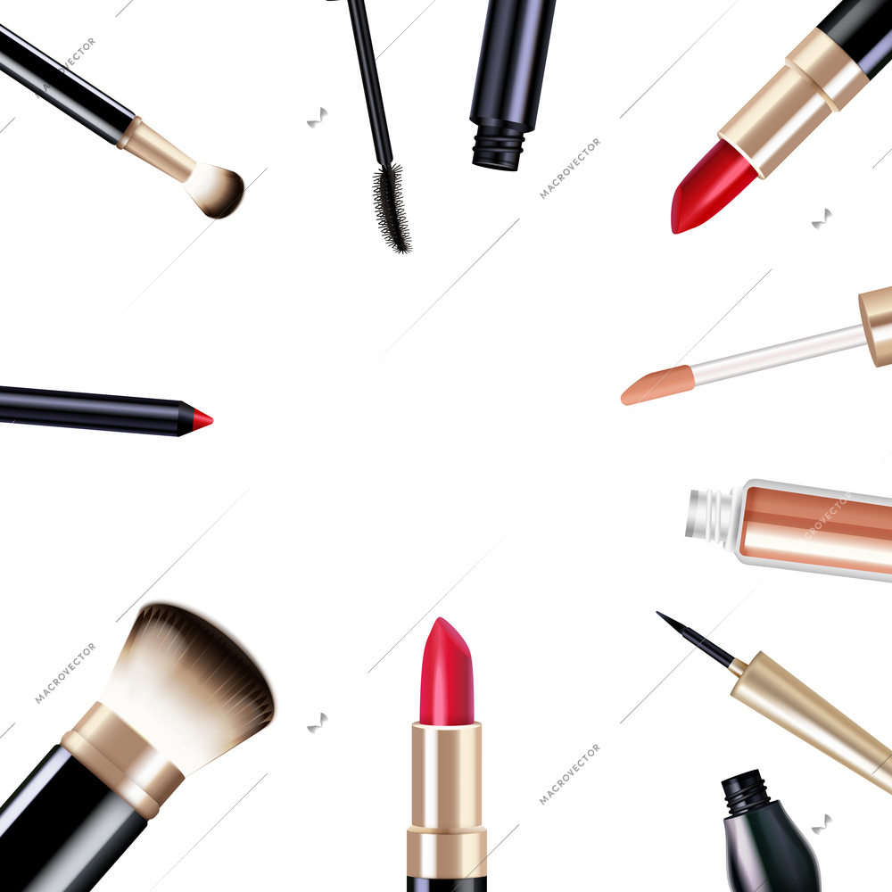 Makeup realistic items set with mascara and lipstick isolated vector illustration