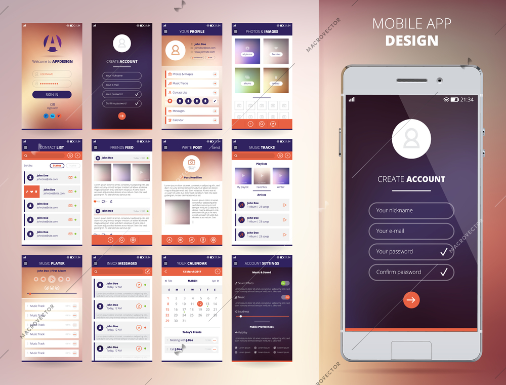 Smartphone application design templates set flat isolated vector illustration