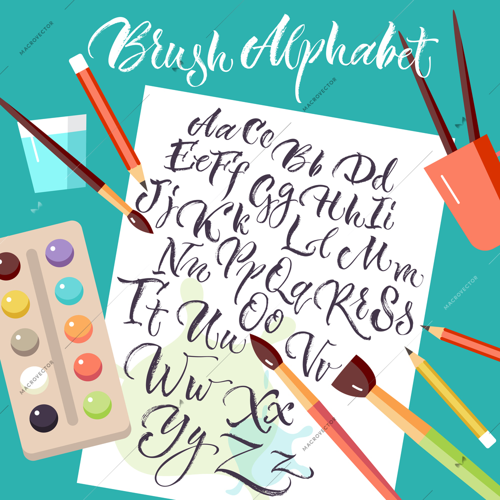 Colored design composition with artistic tools and sheet of paper with hand drawn uppercase and lowercase alphabet letters flat vector illustration