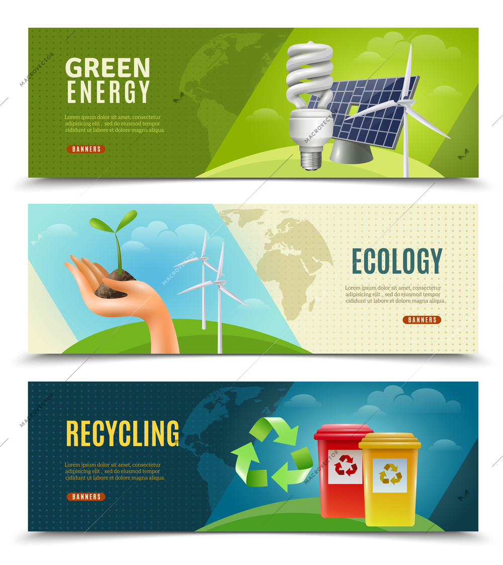 Ecology environment and ecosystem 3 horizontal banners set with green energy sources and recycling isolated vector illustration