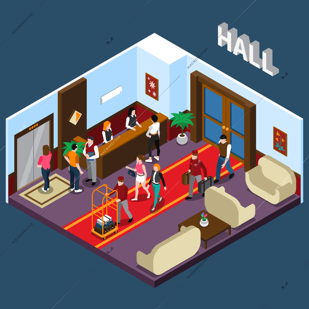 Hotel staff and tourists in hall with red carpet elevator reception and waiting area isometric vector illustration