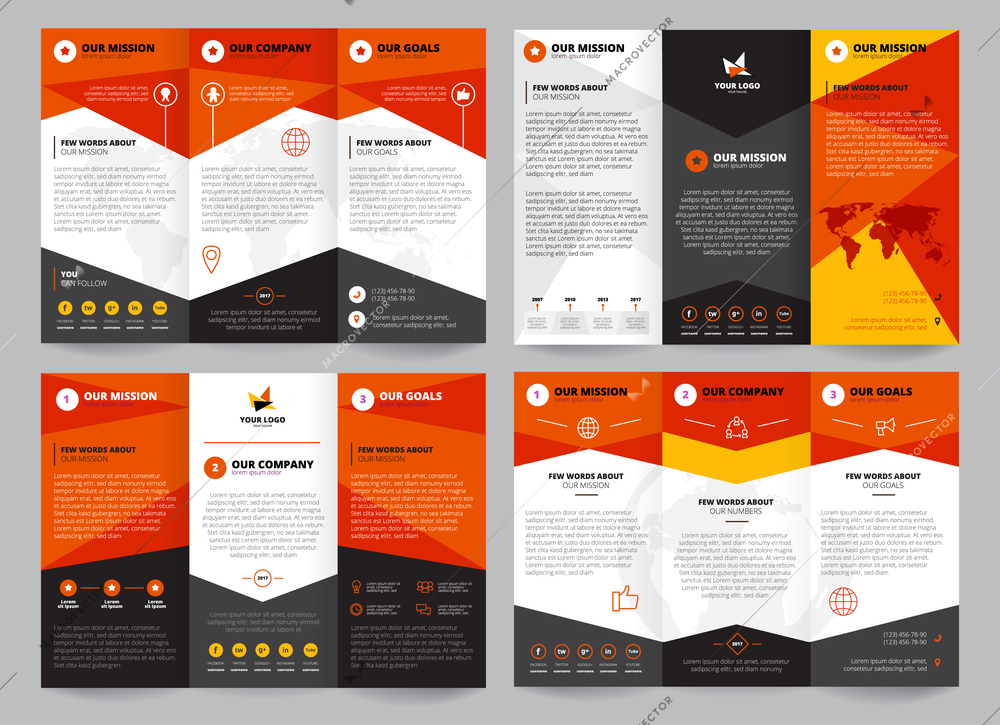 Brochure template set with place for logo corporate information and business icons world map isolated vector illustration