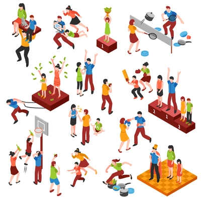 Isometric family relationships icon set with playing in games championship and enjoyed each other vector illustration