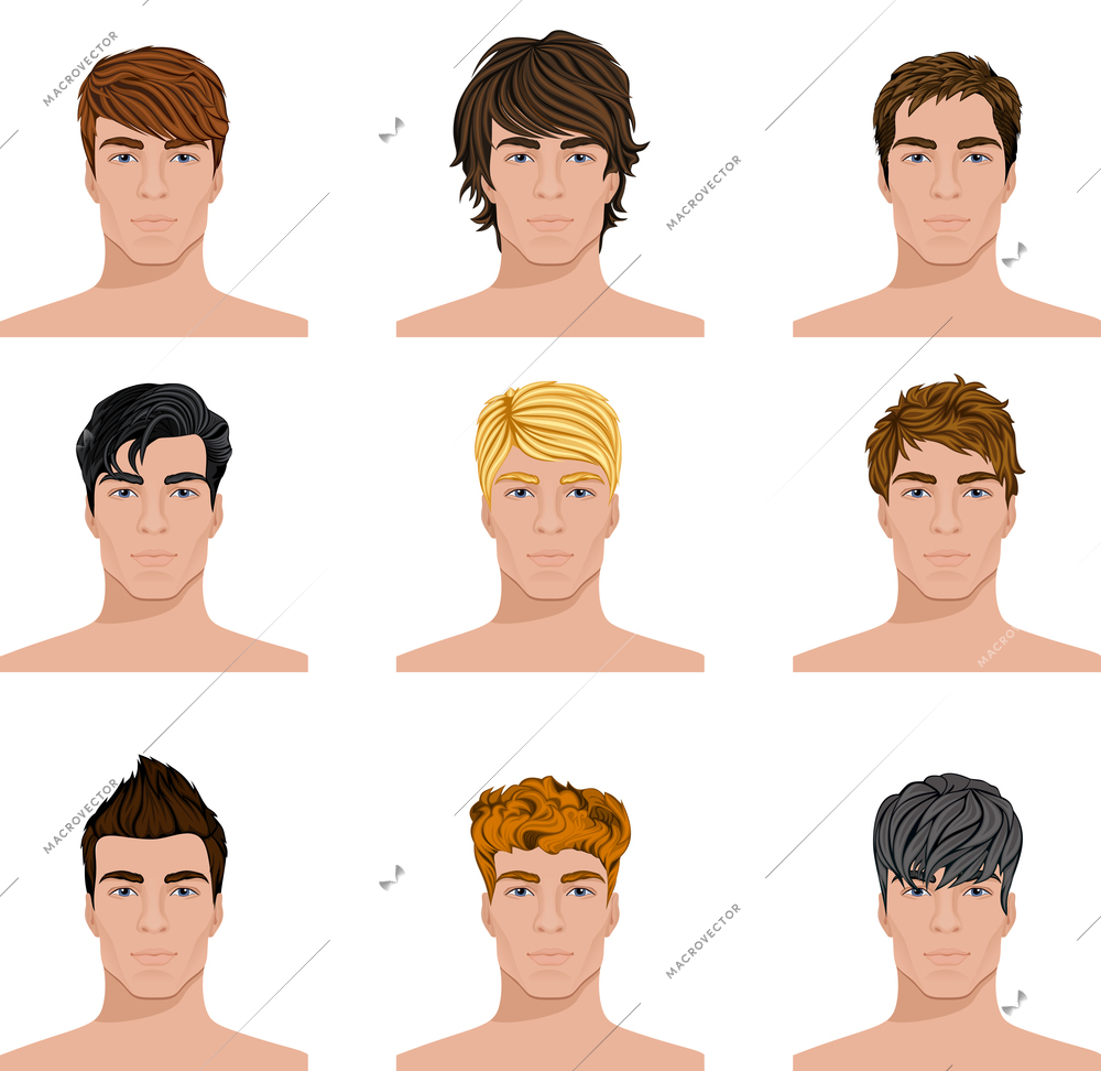 Set of close up different hair style young men portraits isolated vector illustrations