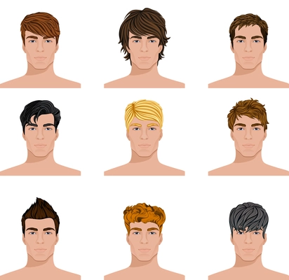 Set of close up different hair style young men portraits isolated vector illustrations