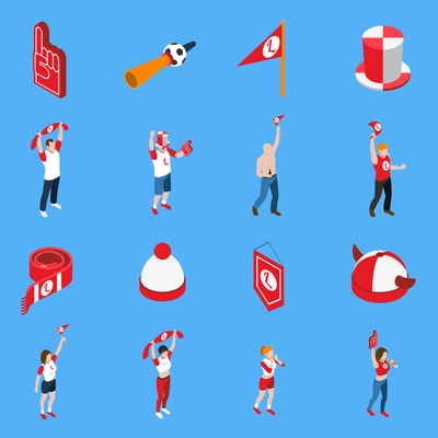 Isometric set of sports fans with accessories including hats and flags on blue background isolated vector illustration