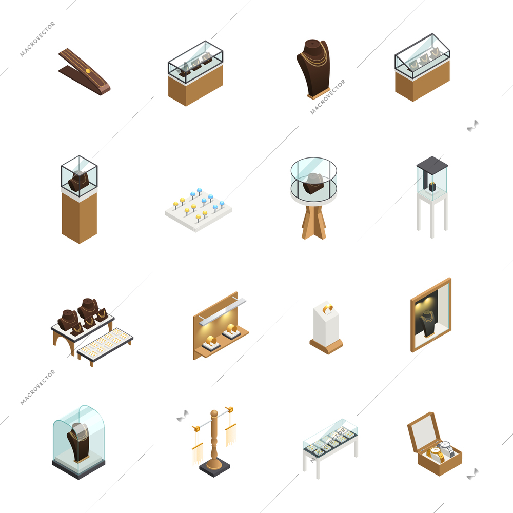 Jewelry decorative icons set with elements of shop interior counters showcases pedestal mannequin isometric isolated vector illustration