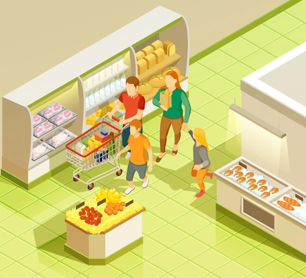 Family weekend grocery shopping in supermarket isometric view with dairy and fresh fish on ice vector illustration