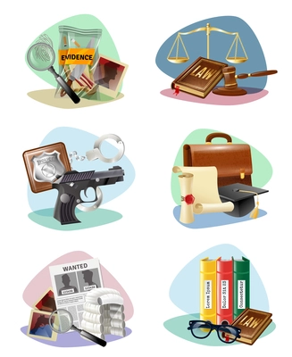 Civil law legal system symbols and criminal justice investigation attributes compositions 6 icons collection isolated vector illustration