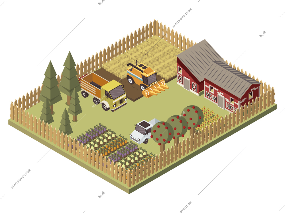 Farm vehicles isometric design with agricultural buildings cultivated lands apple trees garden beds with harvest vector illustration