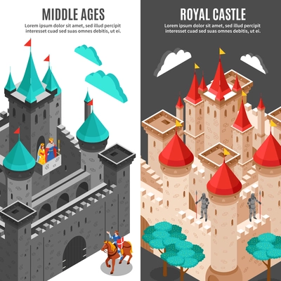 Two vertical royal castle vertical banner set middle ages and royal castle descriptions vector illustration