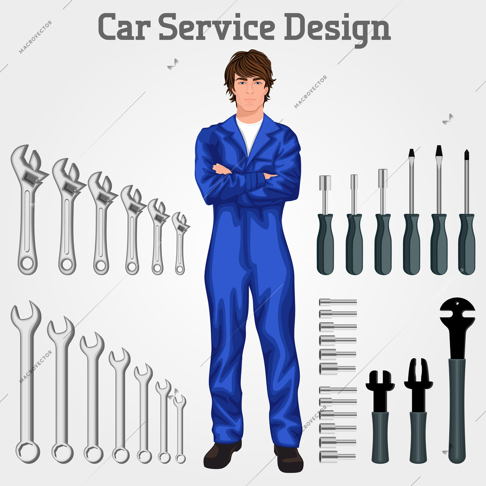 Handsome auto service mechanic man standing in overall hands crossed against the tools set background vector illustration