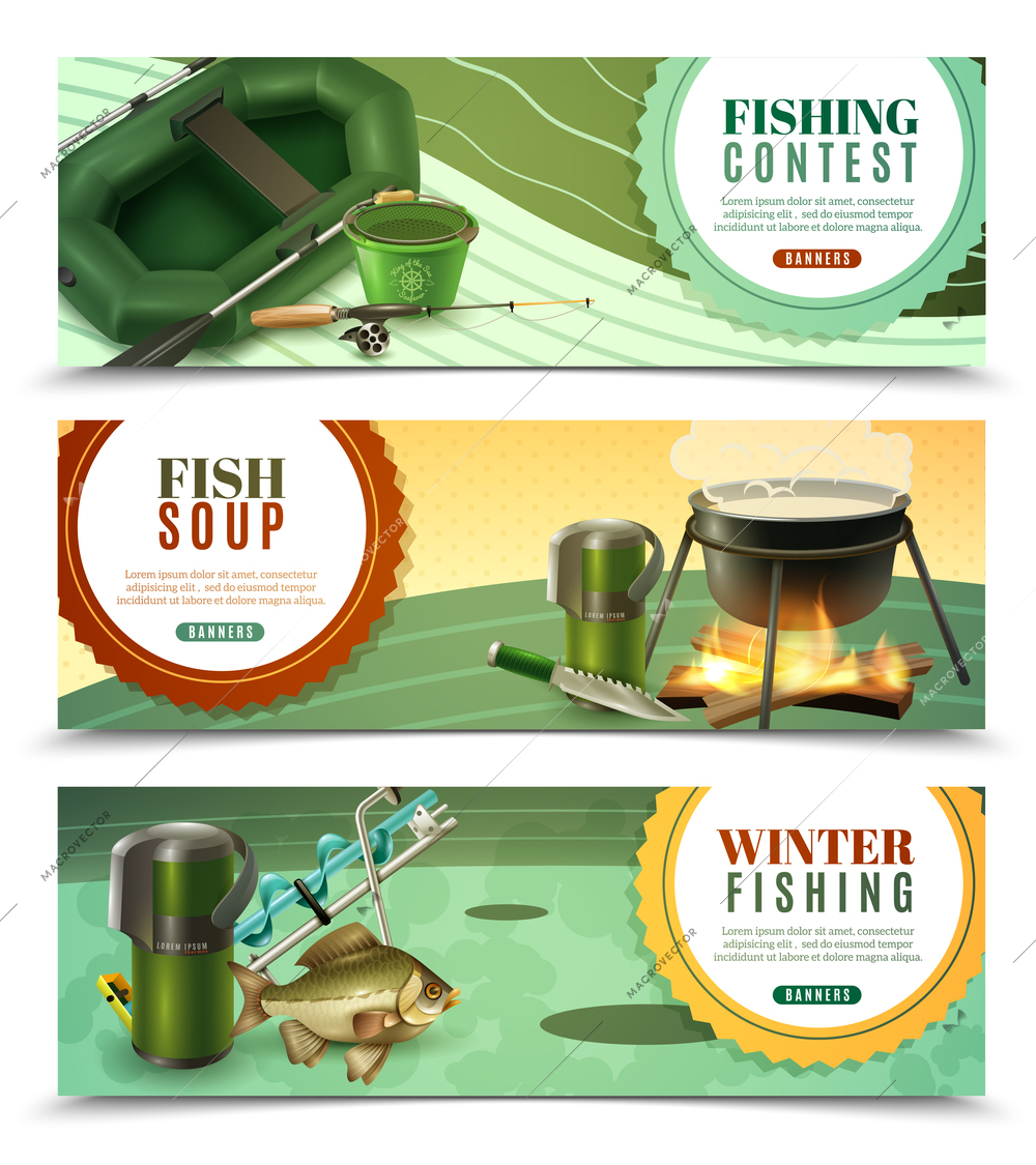 Winter ice fishing sport tournaments and fresh caught bass recipes 3 horizontal banners set isolated vector illustration