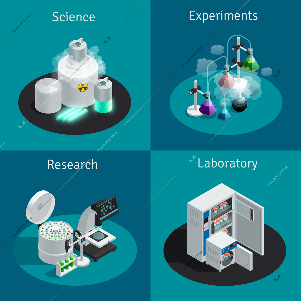 Scientific laboratory 2x2 isometric design concept with substance for experiment and equipment for research vector illustration