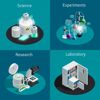 Scientific laboratory 2x2 isometric design concept with substance for experiment and equipment for research vector illustration