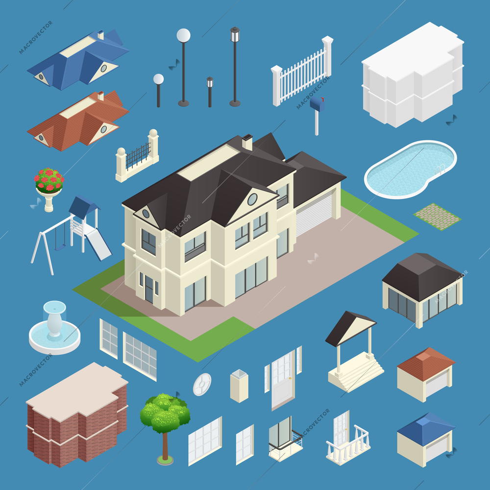 Suburb house isometric set on blue background isolated vector illustration