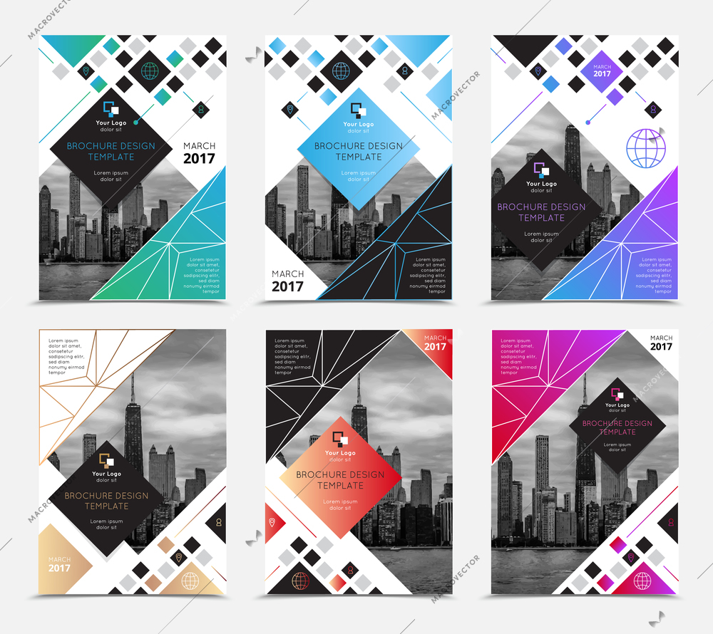 Company report brochure covers set flat isolated vector illustration