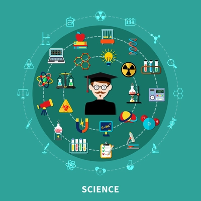Natural-science educational concept on circular diagram, blue background, flat vector illustration