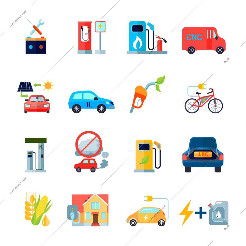 Alternative energy icons set with cars and bicycles symbols flat isolated vector illustration