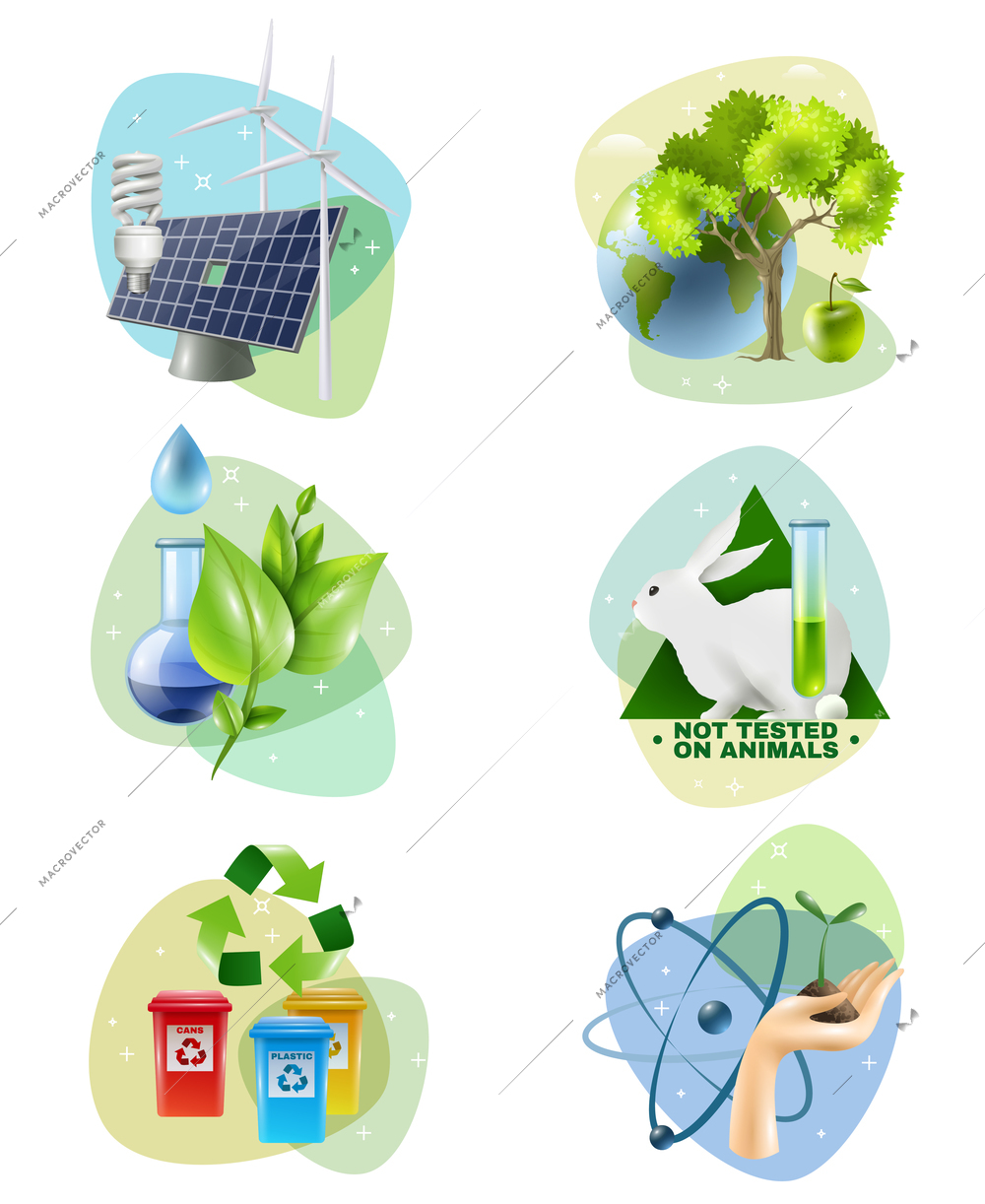 Ecology 6 icons set with clean green energy generators recycling and ban on animal testing isolated vector illustration