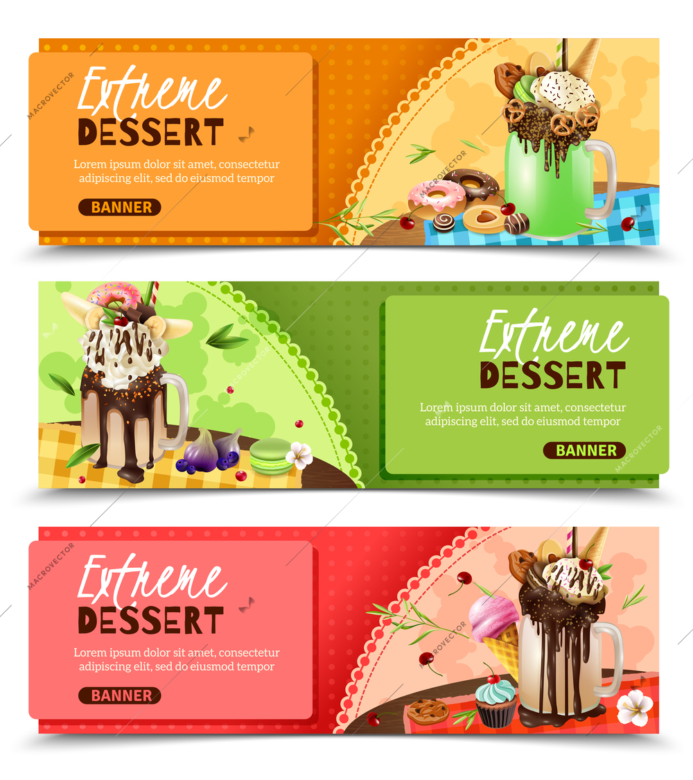 Super sweet rich extreme desserts recipes ideas 3 horizontal appetizing website page banners design isolated vector illustration