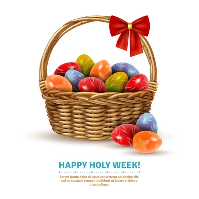 Decorative wicker basket with easter eggs samples realistic image with holy week greeting text poster vector illustration