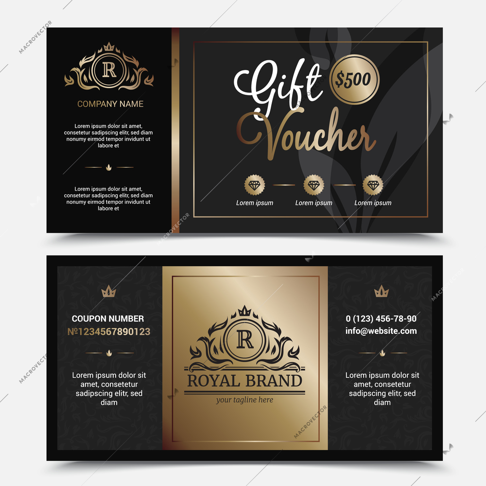 Gift voucher royal brand template with ornate flourishes crowns and diamonds on black background isolated vector illustration