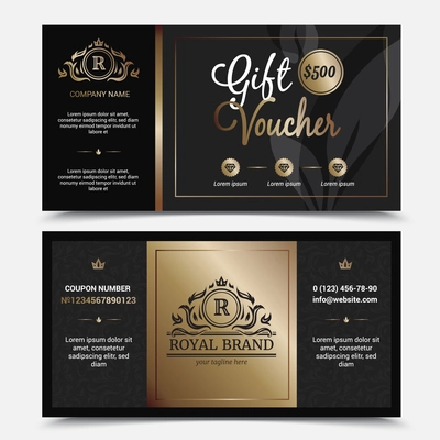 Gift voucher royal brand template with ornate flourishes crowns and diamonds on black background isolated vector illustration