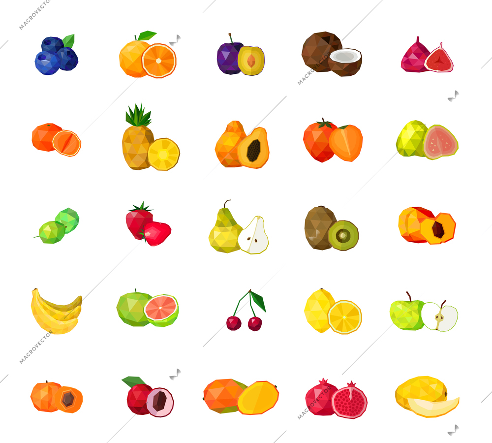 Fresh tropical fruits berries and coconut polygonal icons collection with blueberry figs kiwi mango isolated vector illustration