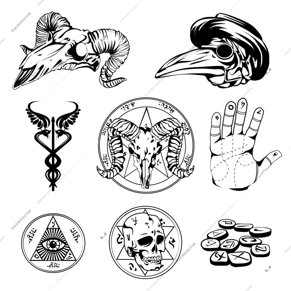 Set of esoteric symbols and occult attributes in sketch design with human goat and crow skulls all seeing eye and palm flat vector illustration