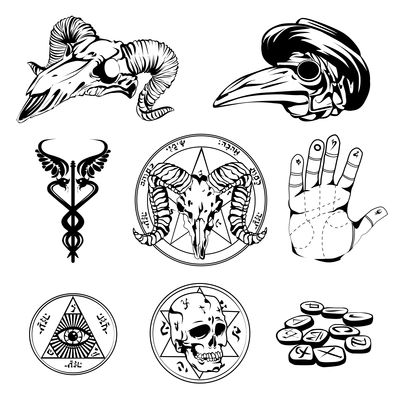 Set of esoteric symbols and occult attributes in sketch design with human goat and crow skulls all seeing eye and palm flat vector illustration