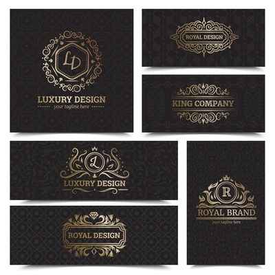 Luxury products labels design set with royal brand symbols flat isolated vector illustration