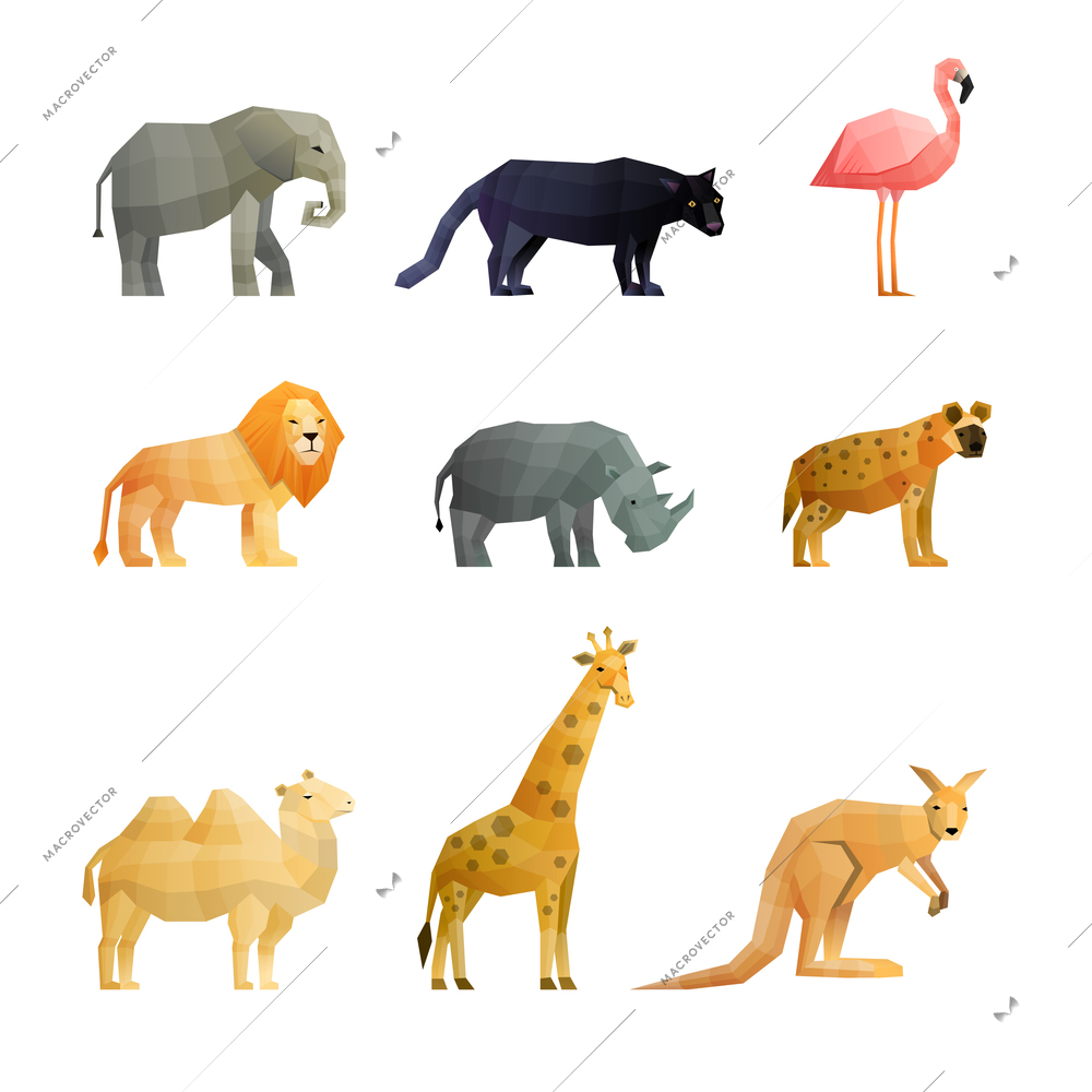 Southern wild animals polygonal icons set with giraffe kangaroo lion camel and pink flamingo isolated vector illustration