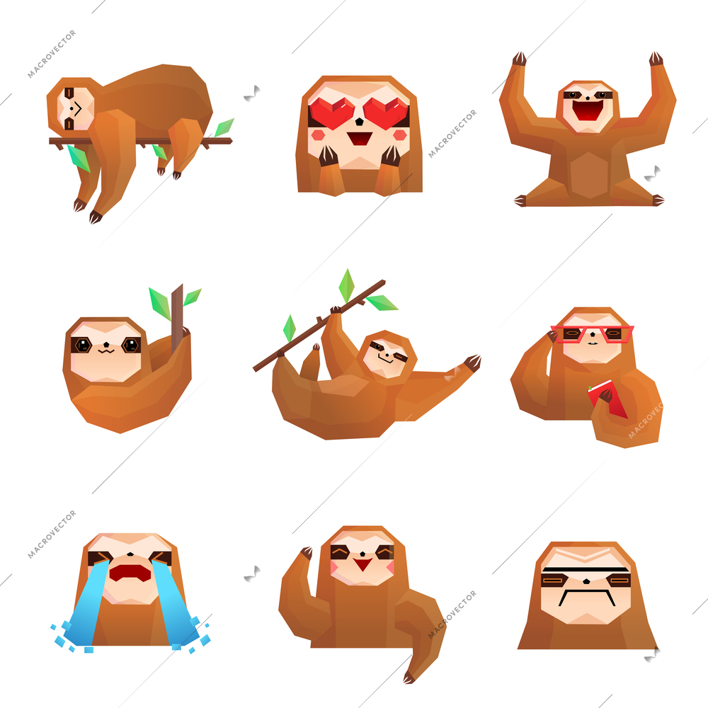 Different emotions of cute sloth polygonal set isolated on white background vector illustration