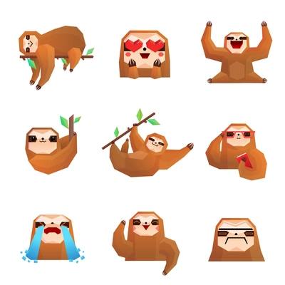 Different emotions of cute sloth polygonal set isolated on white background vector illustration