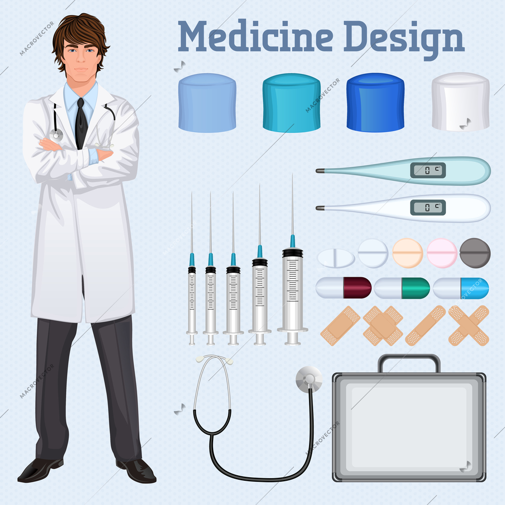 Young handsome healthcare doctor in white lab coat arms crossed with medical accessories set concept poster