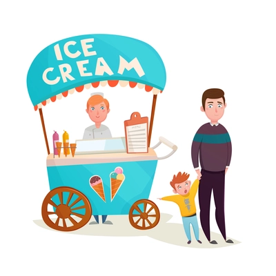 Little boy asking father to buy icecream near ice cream street seller wagon cartoon characters vector illustration