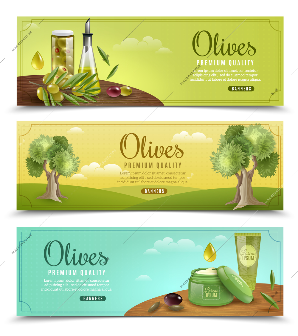 Olive cartoon horizontal banners set with oil and cream symbols isolated vector illustration