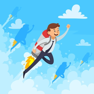 Fast career design concept with businessman and flying rocket white clouds smoke on blue background vector illustration